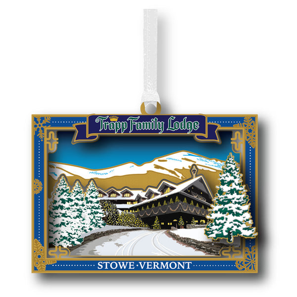 Custom Trapp Family Lodge Ornament with Winter Scene in Gold Box