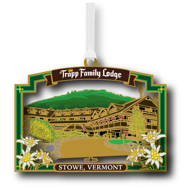 Custom Trapp Family Lodge and Edelweiss Ornament in Green Box